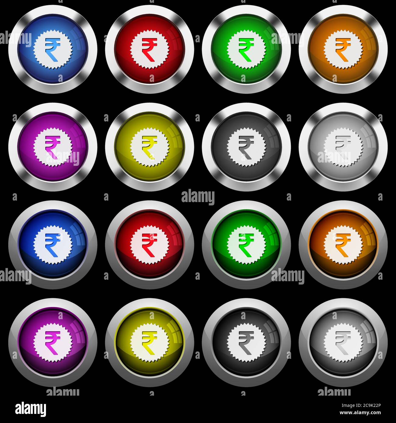 Indische Rupie Sticker weiße Icons in runden glänzenden Knöpfen mit Stahlrahmen auf schwarzem Hintergrund.die Knöpfe sind in zwei verschiedenen Stilen und acht Farben Stock Vektor