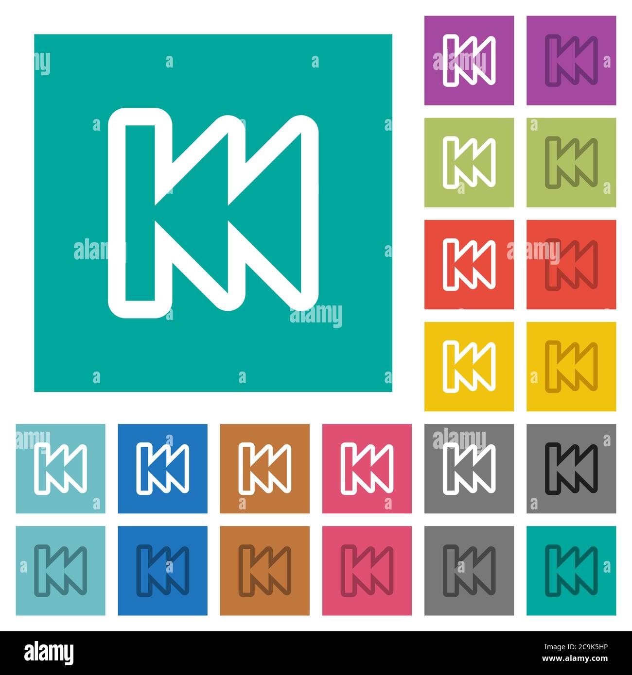 Medien schnell rückwärts mehrfarbige flache Symbole auf einfachen quadratischen Hintergründen. Weiße und dunklere Symbolvarianten für schwebe- oder aktive Effekte. Stock Vektor