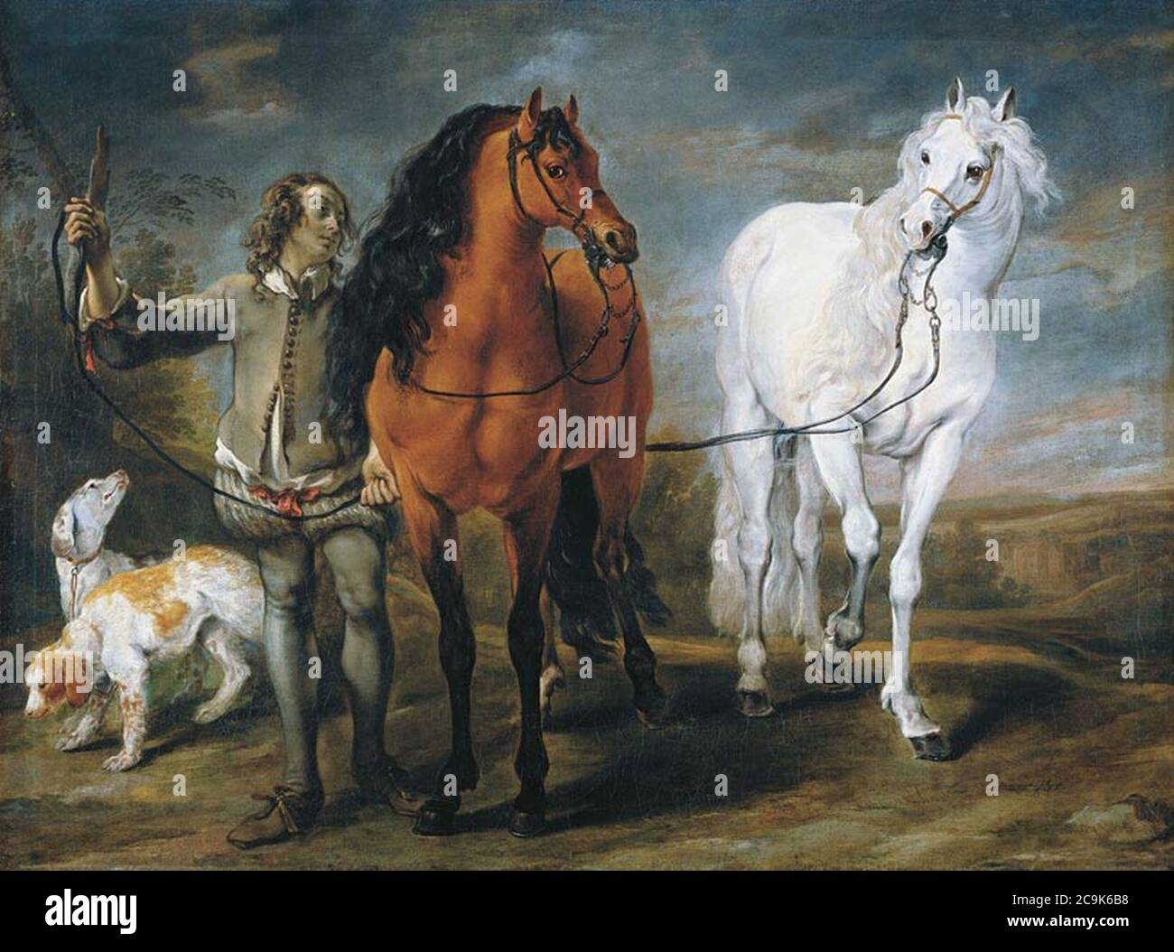 Jan Fyt und Jan Cossiers - Stalljunge mit zwei Pferden und zwei Hunden. Stockfoto