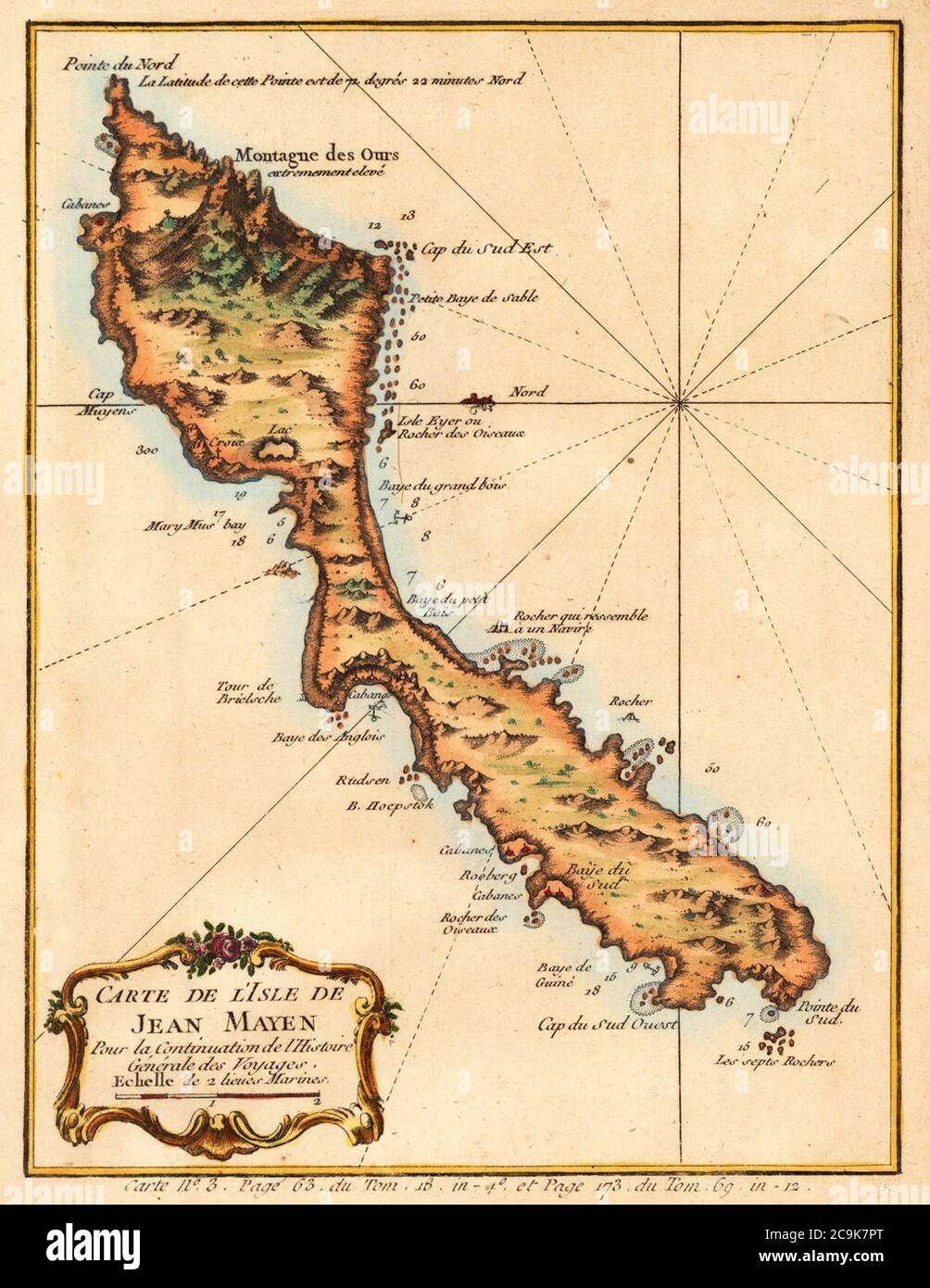 Jan Mayen Karte von Jacques-Nicolas Bellin 1760 Farbe. Stockfoto