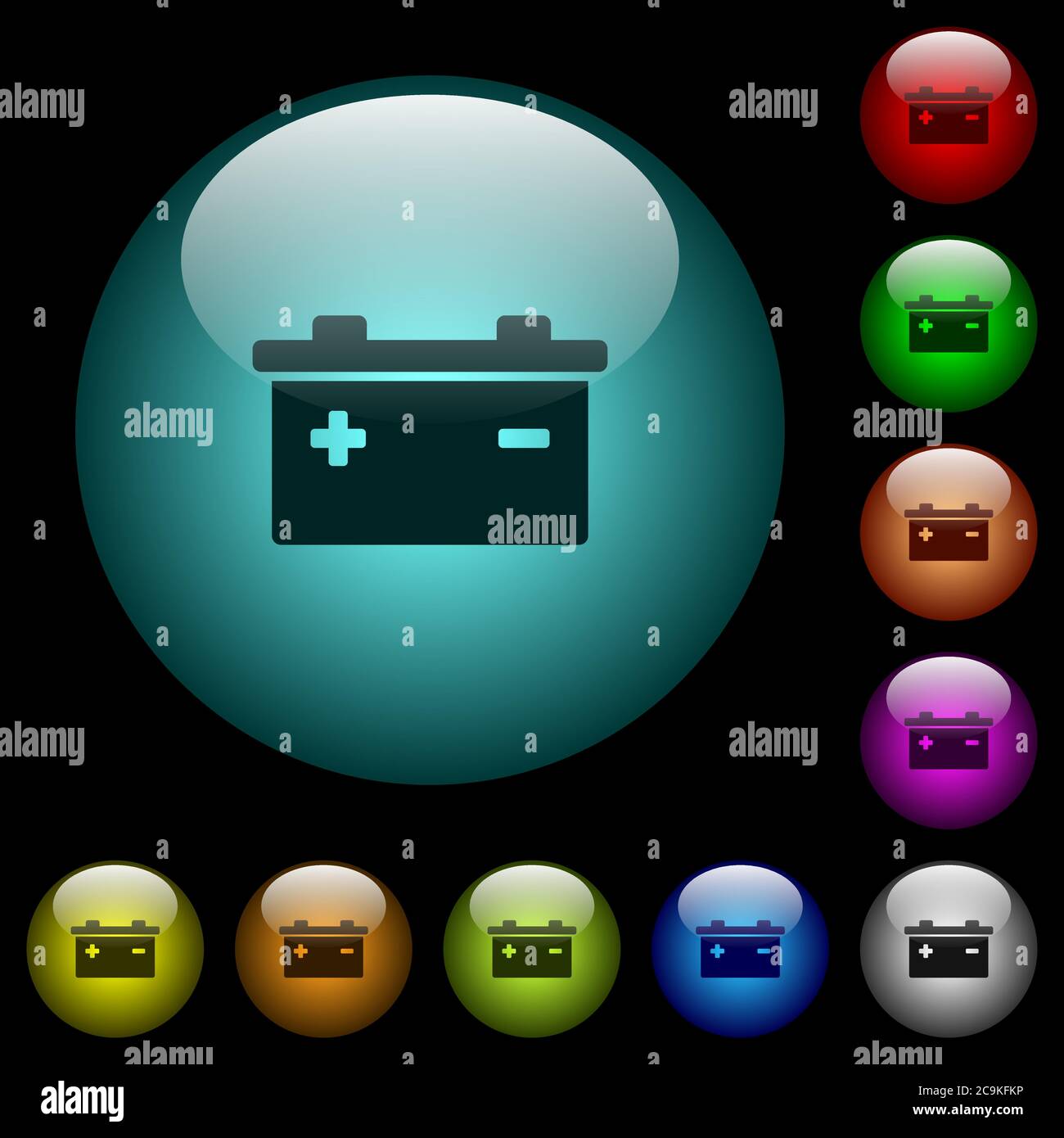 Akkumulator-Symbole in Farbe beleuchtete kugelförmige Glastasten auf schwarzem Hintergrund. Kann für schwarze oder dunkle Vorlagen verwendet werden Stock Vektor