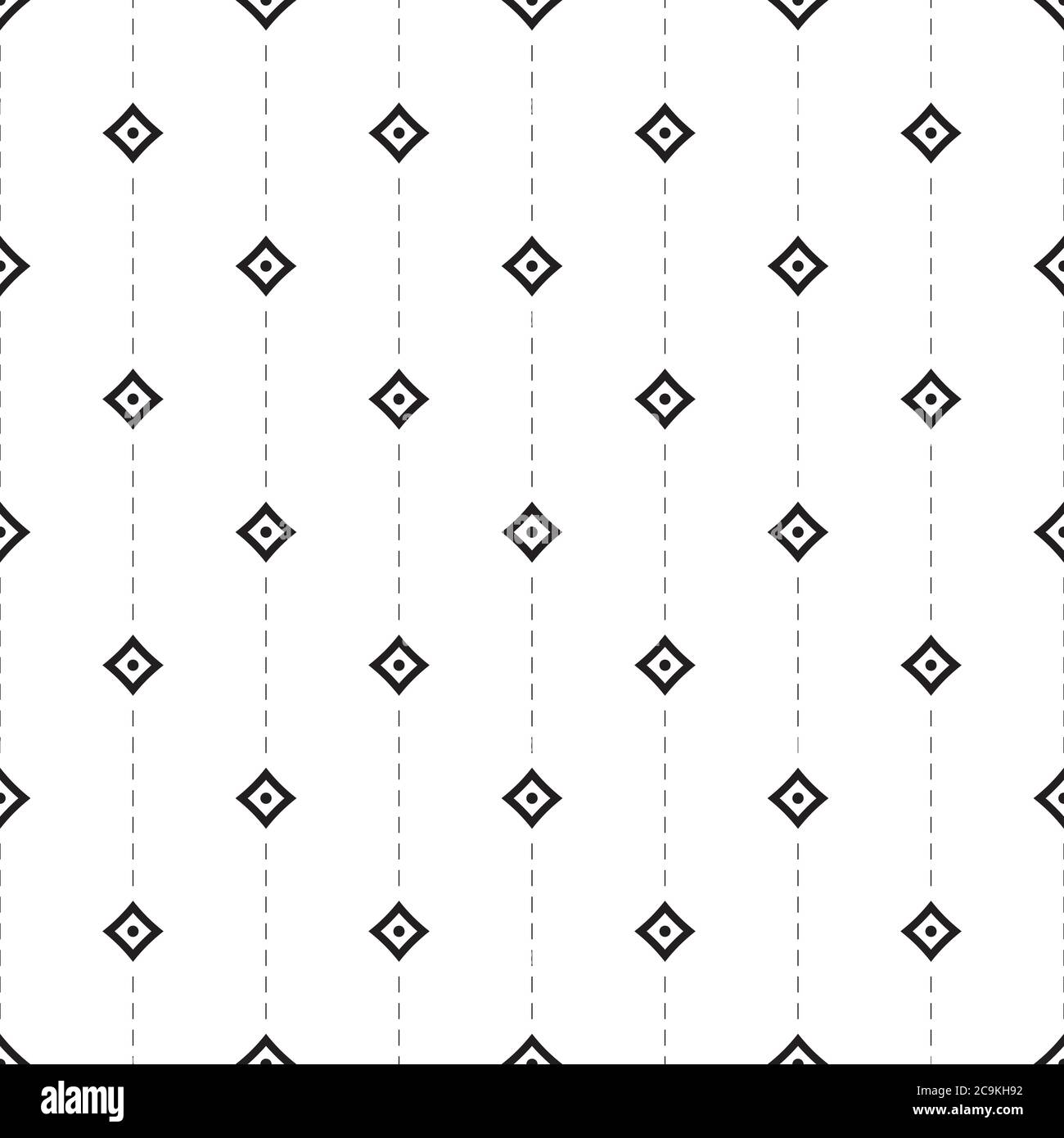 Nahtloses geometrisches Muster. Abstrakter nahtloser Hintergrund mit gepunkteter und gekreuzter Linie. Geometrische Formen, Kreuz, Kreis, Raute, diagonale gepunktete Linie. Stock Vektor