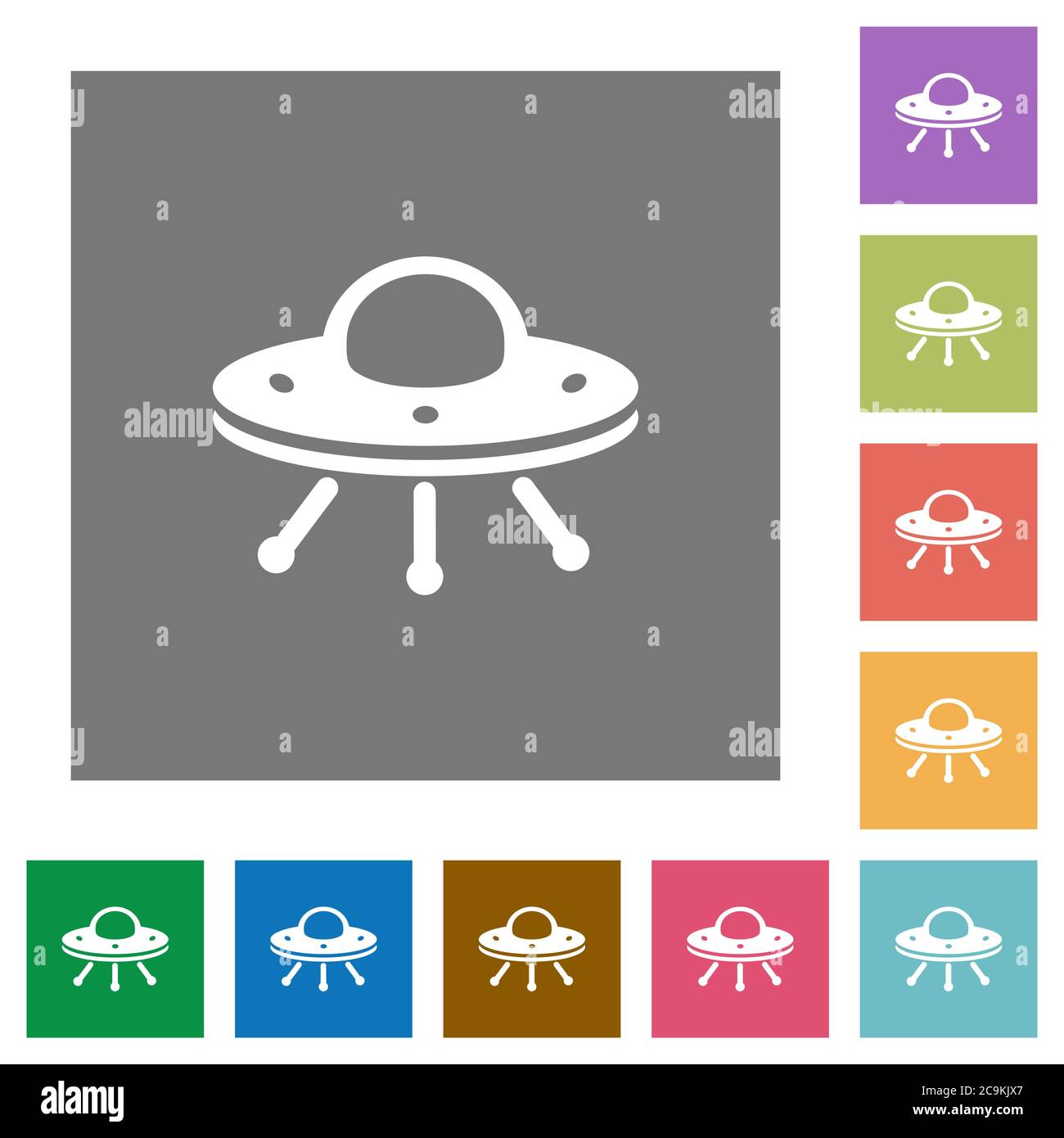 UFO flache Symbole auf einfache Farbe Quadrat Hintergründe Stock Vektor