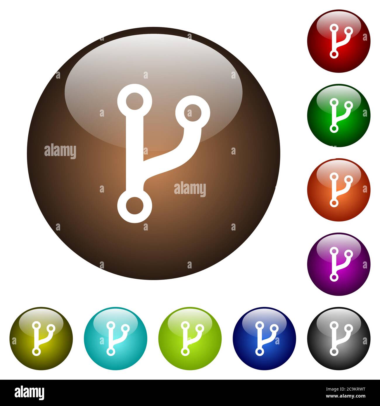 Weiße Symbole auf runden farbigen Glasknöpfen Stock Vektor