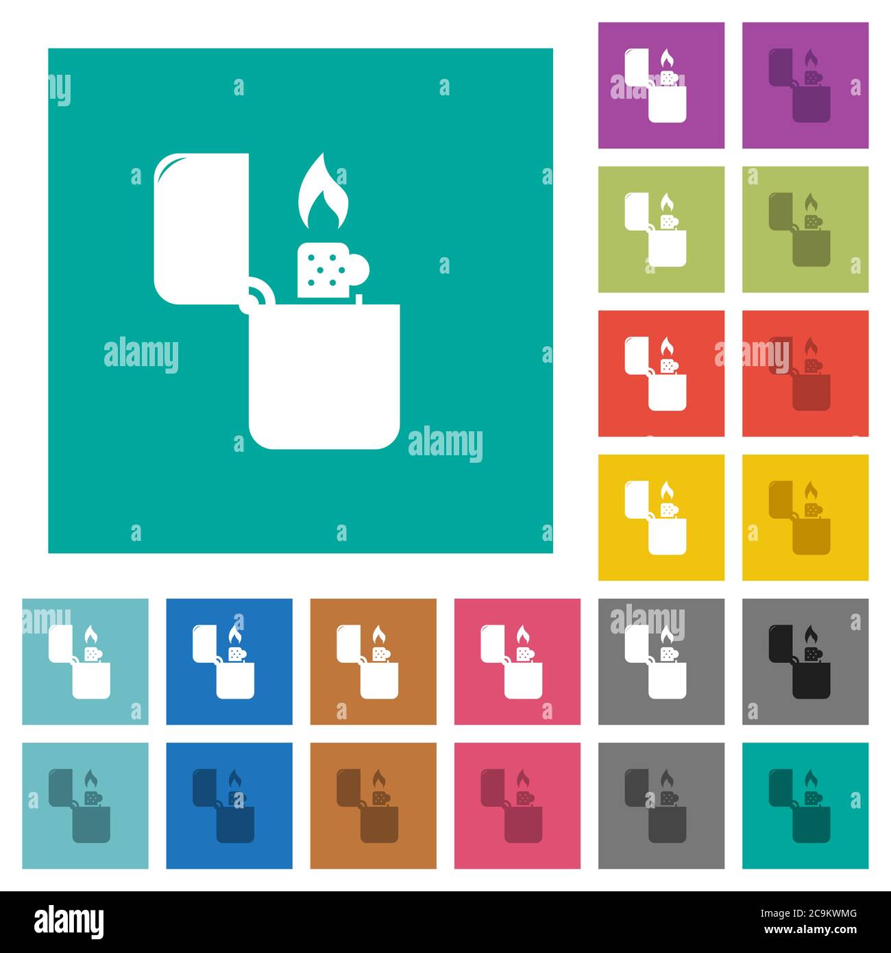 Hellere mehrfarbige flache Symbole auf einfachen quadratischen Hintergründen. Weiße und dunklere Symbolvarianten für schwebe- oder aktive Effekte. Stock Vektor