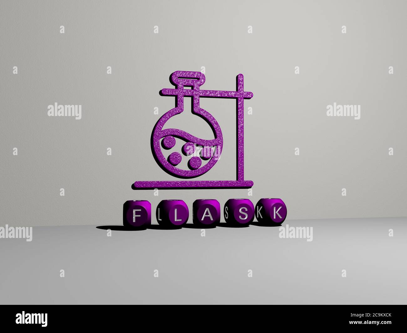 3D-Grafik-Bild von Kolben vertikal zusammen mit Text von metallischen kubischen Buchstaben aus der oberen Perspektive gebaut, ausgezeichnet für das Konzept Präsentation und Diashows. Illustration und chemische Stockfoto