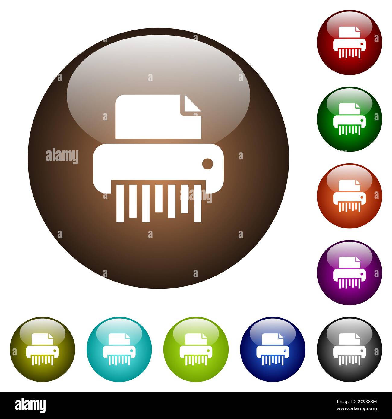Büroschredder mit weißen Symbolen auf runden farbigen Glasknöpfen Stock Vektor