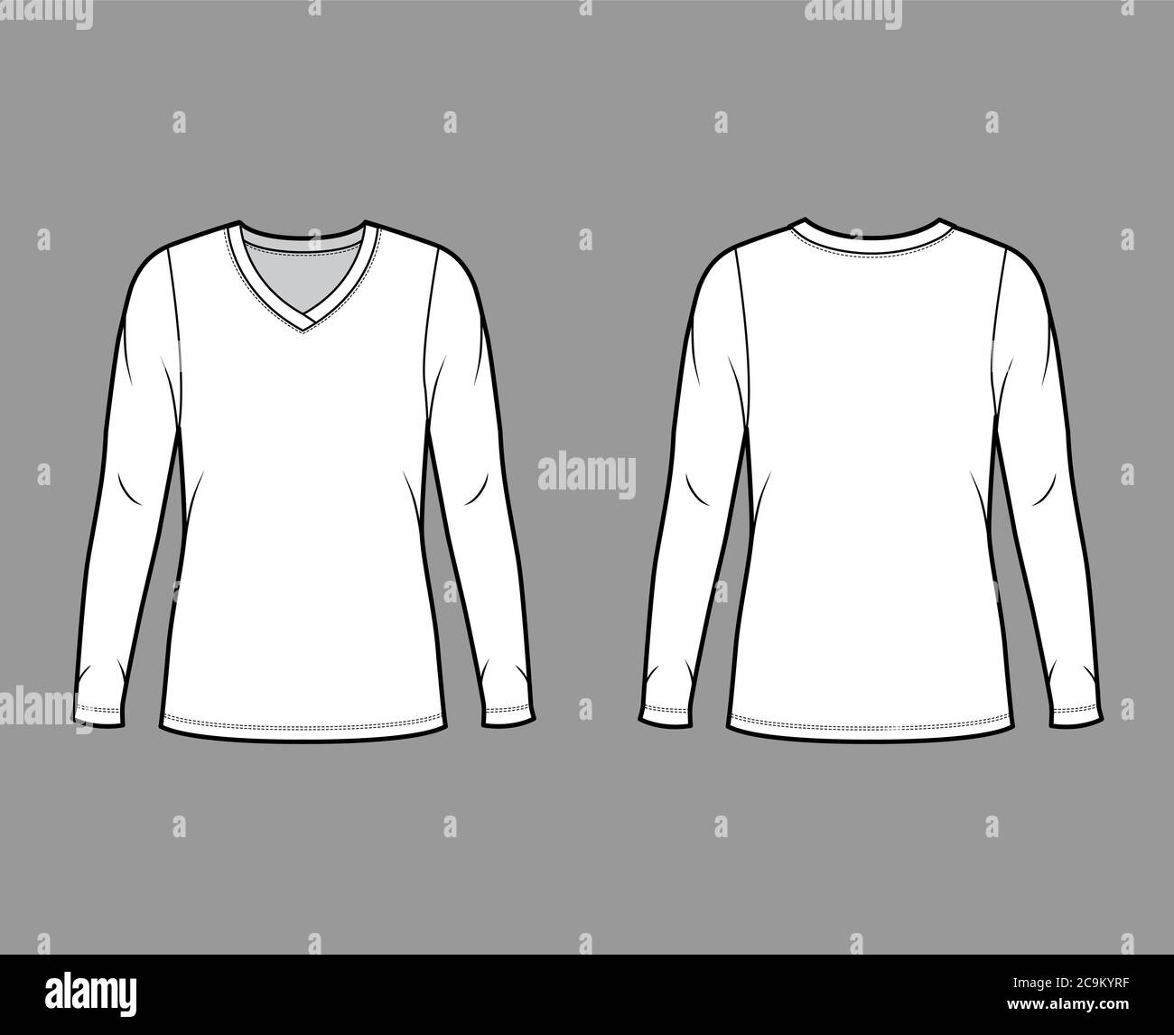 Jersey-Pullover mit V-Ausschnitt und technischer Fashion-Illustration mit langen Ärmeln, übergroßem Body, Tunika-Länge. Flach outwear Bekleidungsvorlage vorne hinten weiß Farbe. Frauen Männer Unisex Shirt Oberteil CAD mockup Stock Vektor