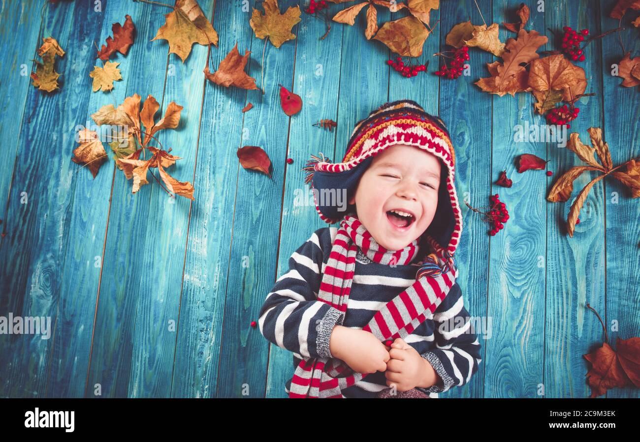 zwei Jahre alter Junge träumt im Herbst Stockfoto