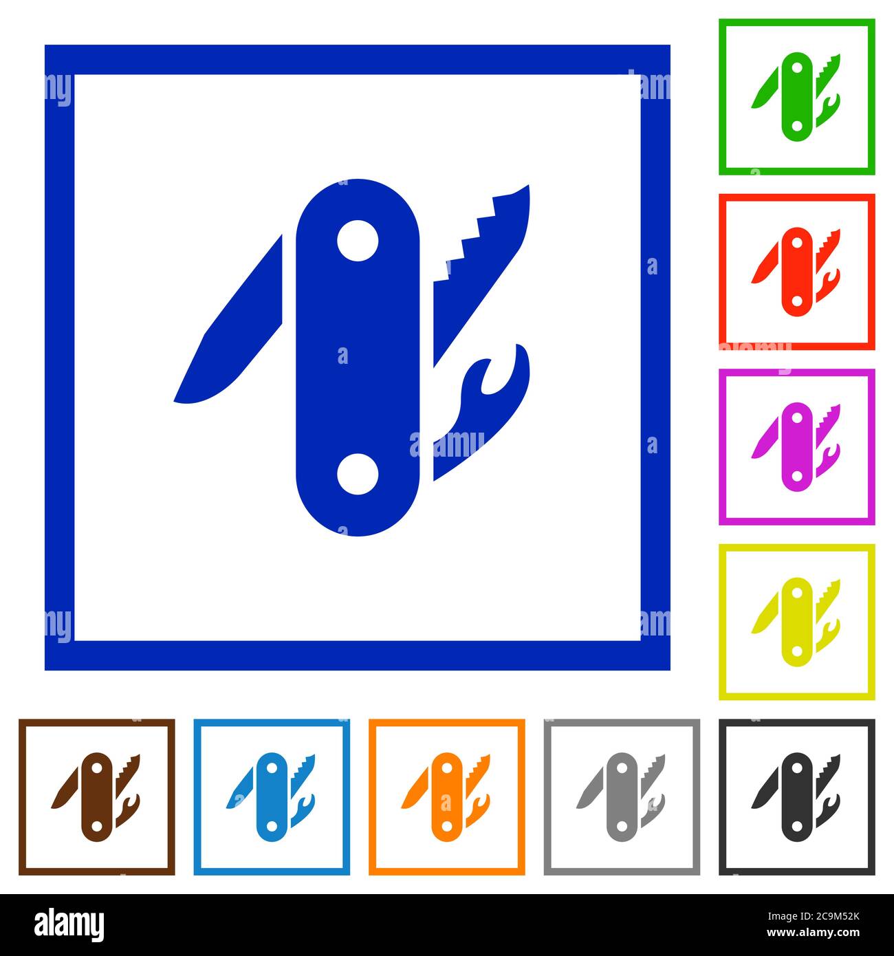 Schweizer Armee Messer flache Farb-Icons in quadratischen Rahmen auf weißem Hintergrund Stock Vektor