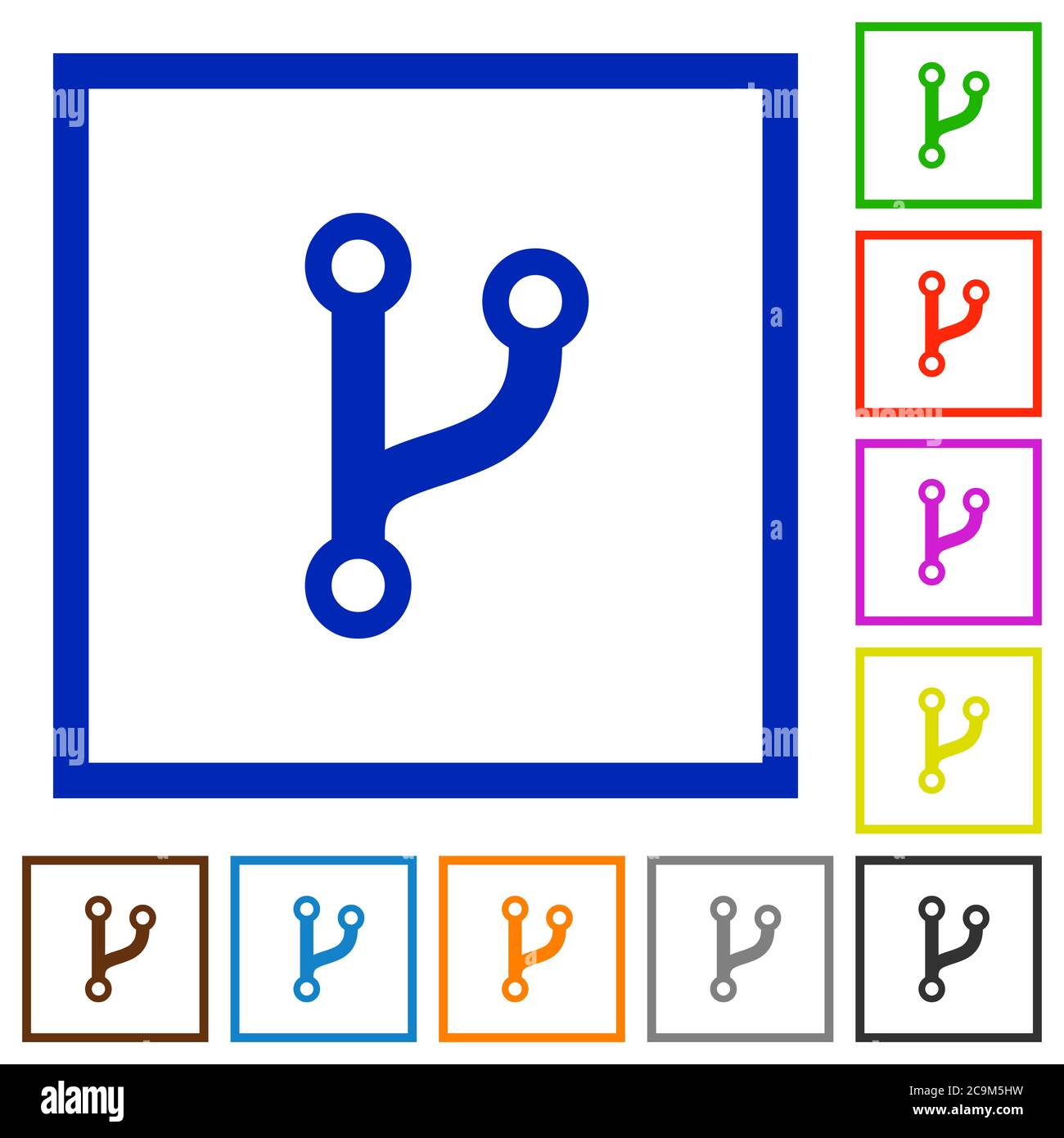Flache Farbsymbole der Codegabel in quadratischen Rahmen auf weißem Hintergrund Stock Vektor