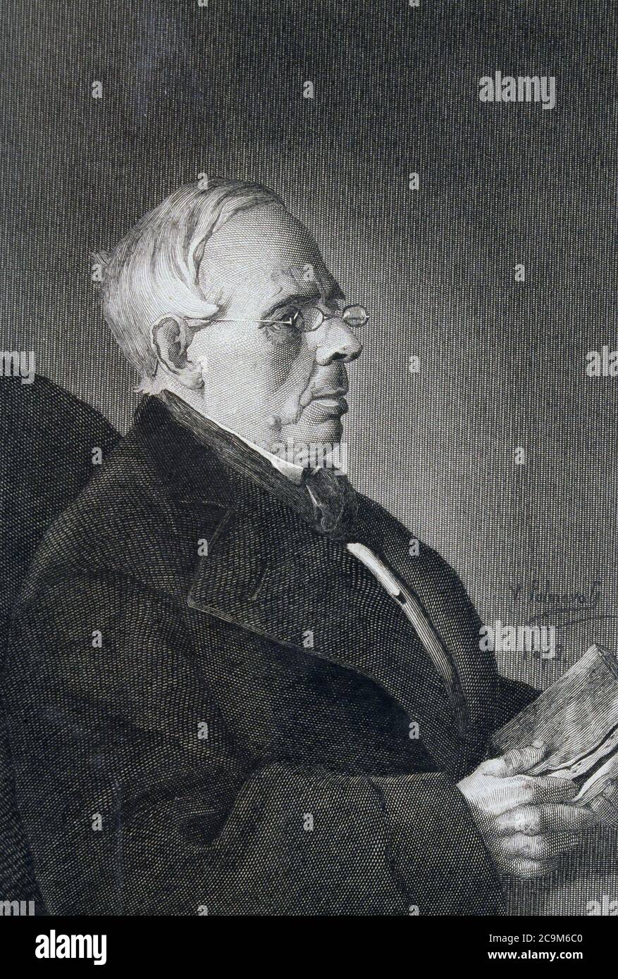 HARTZENBOSCH, JUAN EUGENIO. POETA DRAMATICO ESPAÑOL . 1806 - 1880. GRABADO RETRATO DE LA COLECCION „VARONES ILUSTRES“ 1873. CALCOGRAFIA NACIONAL . MADRID. Stockfoto