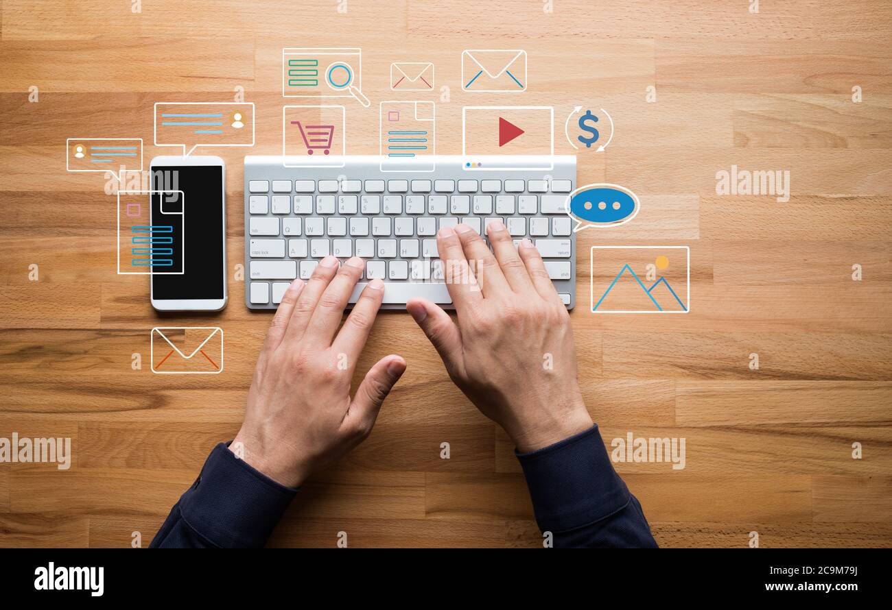 E-Learning und Go digital, Online-Content-Konzepte.Neuer Trend mit Social Network.Störung der Geschäftssituation.Moderne Kommunikation Stockfoto