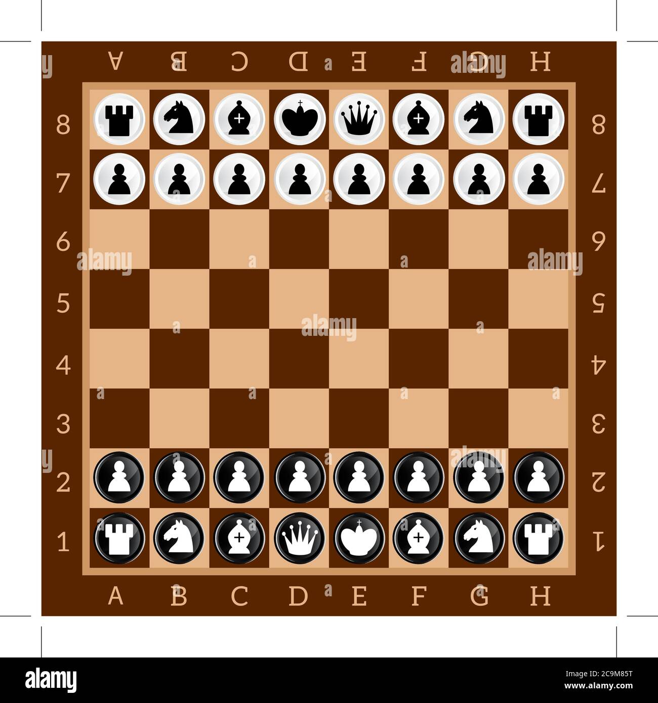 Schach. Tischspiel. Set von schwarzen und weißen Figuren. Braunes Schachbrettmuster. Stock Vektor