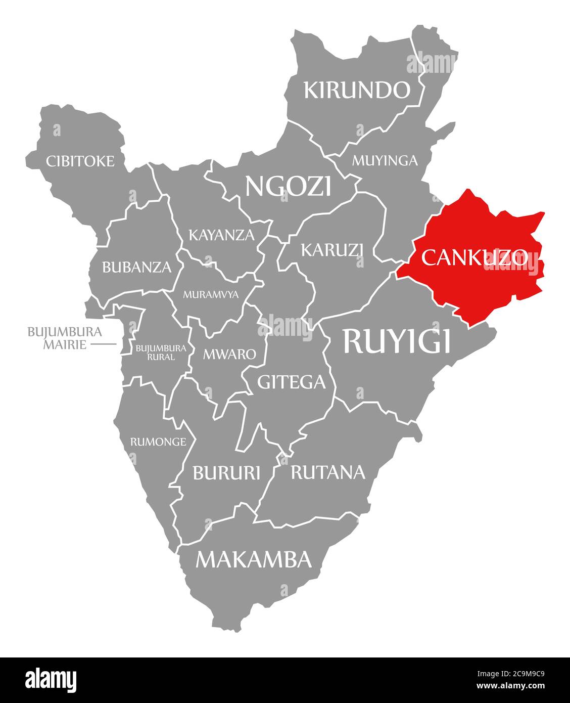 Canzuzo rot in der Karte von Burundi hervorgehoben Stockfoto