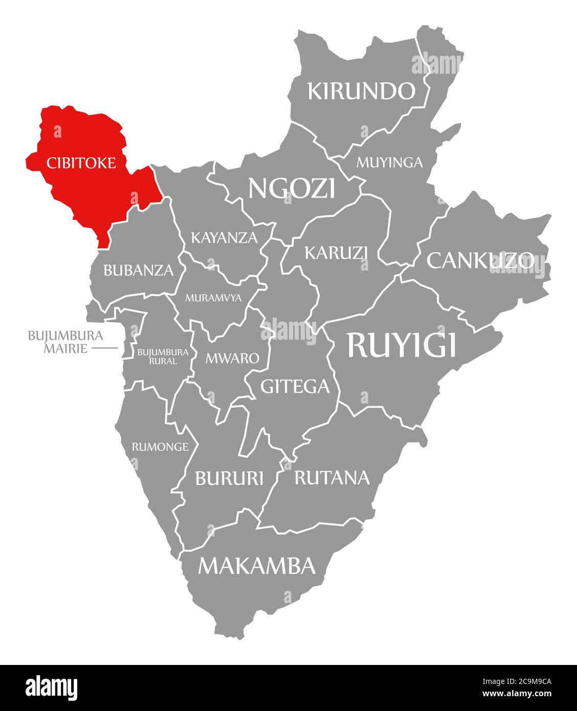 Cibitoke rot in Karte von Burundi hervorgehoben Stockfoto