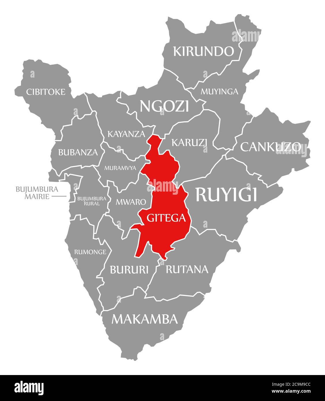 Gitega rot hervorgehoben in der Karte von Burundi Stockfoto