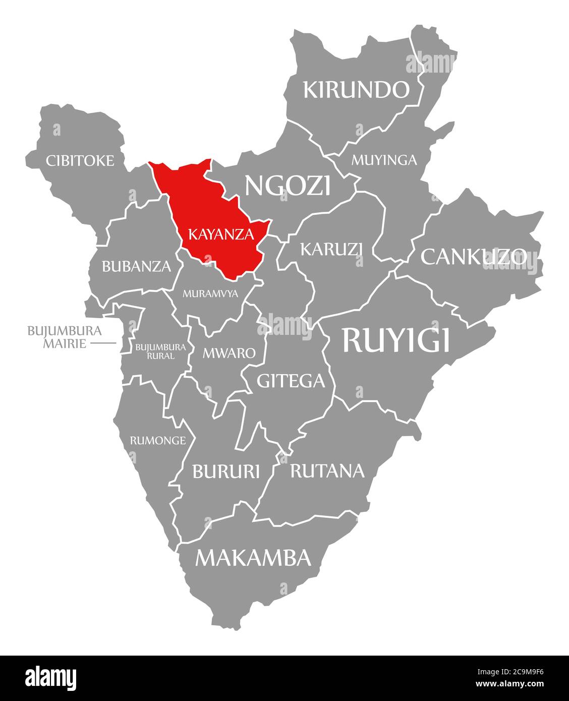 Kayanza rot in der Karte von Burundi hervorgehoben Stockfoto