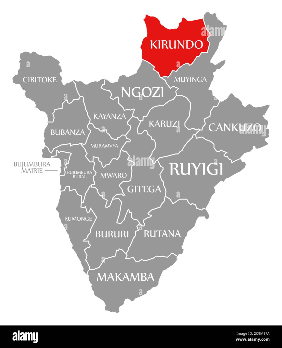 Kirundo rot hervorgehoben in der Karte von Burundi Stockfoto