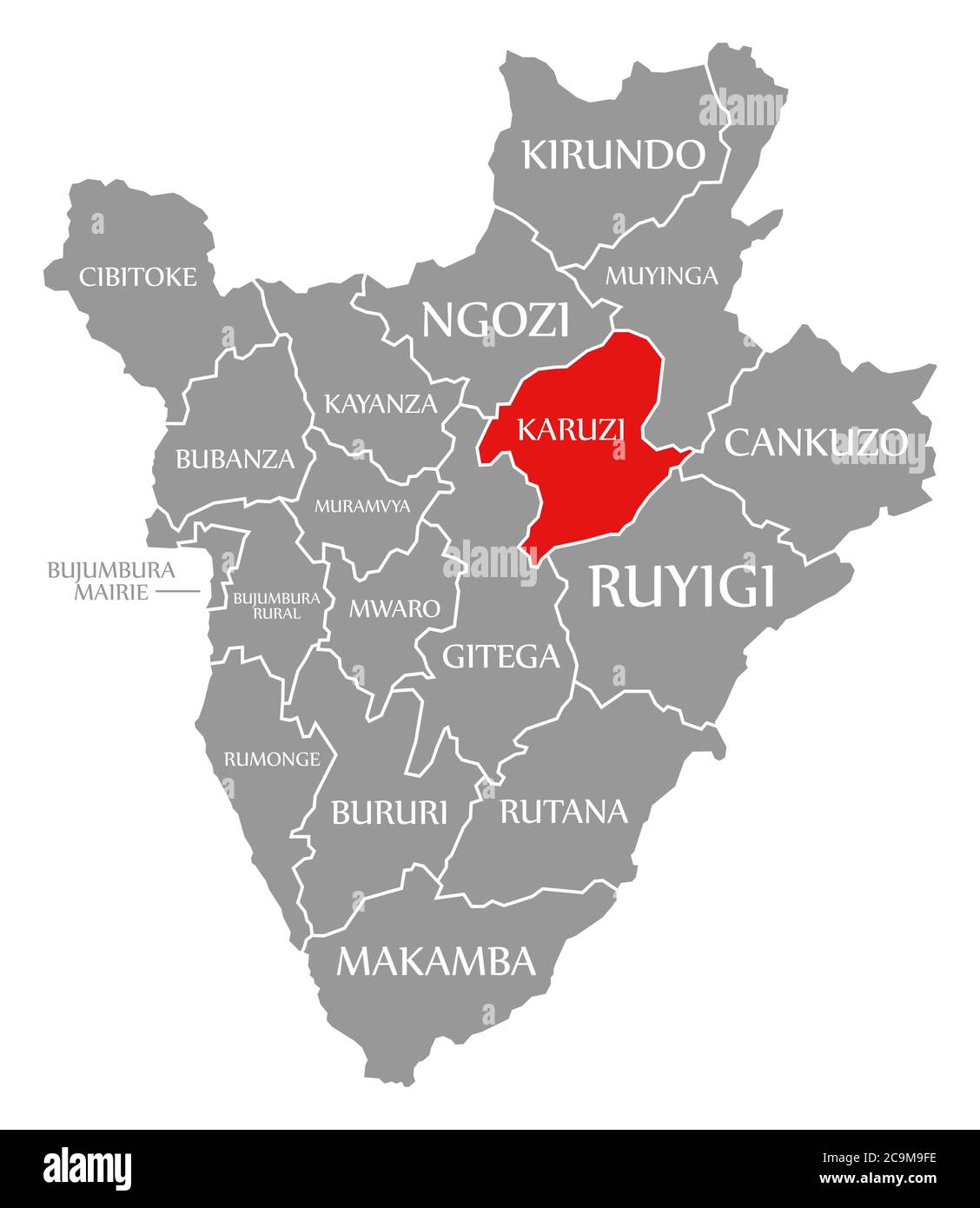 Karuzi rot in der Karte von Burundi hervorgehoben Stockfoto