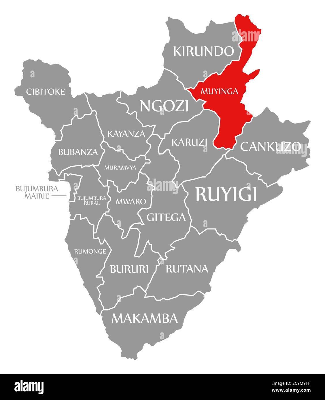 Muyinga rot auf der Karte von Burundi hervorgehoben Stockfoto