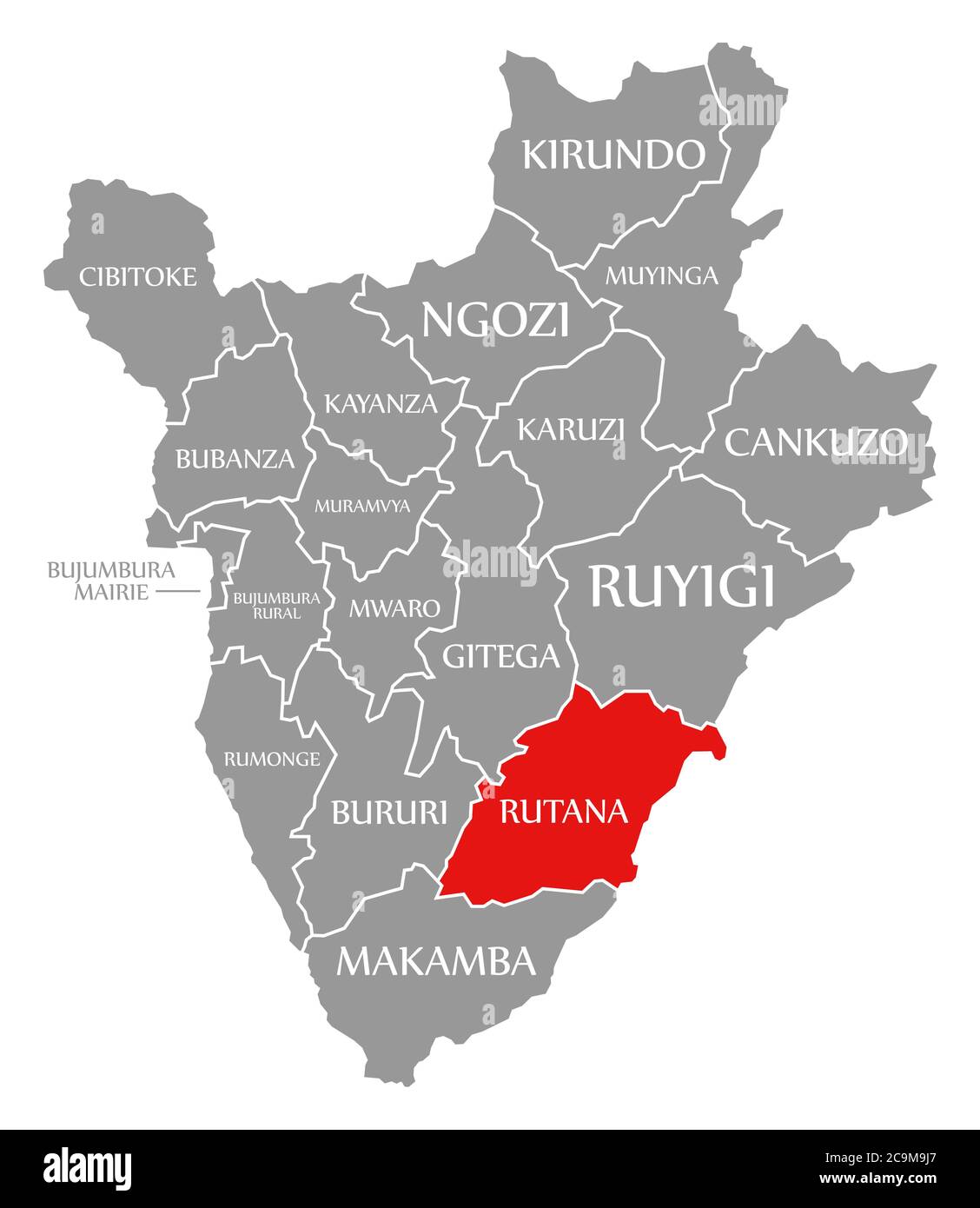Rutana rot hervorgehoben in der Karte von Burundi Stockfoto