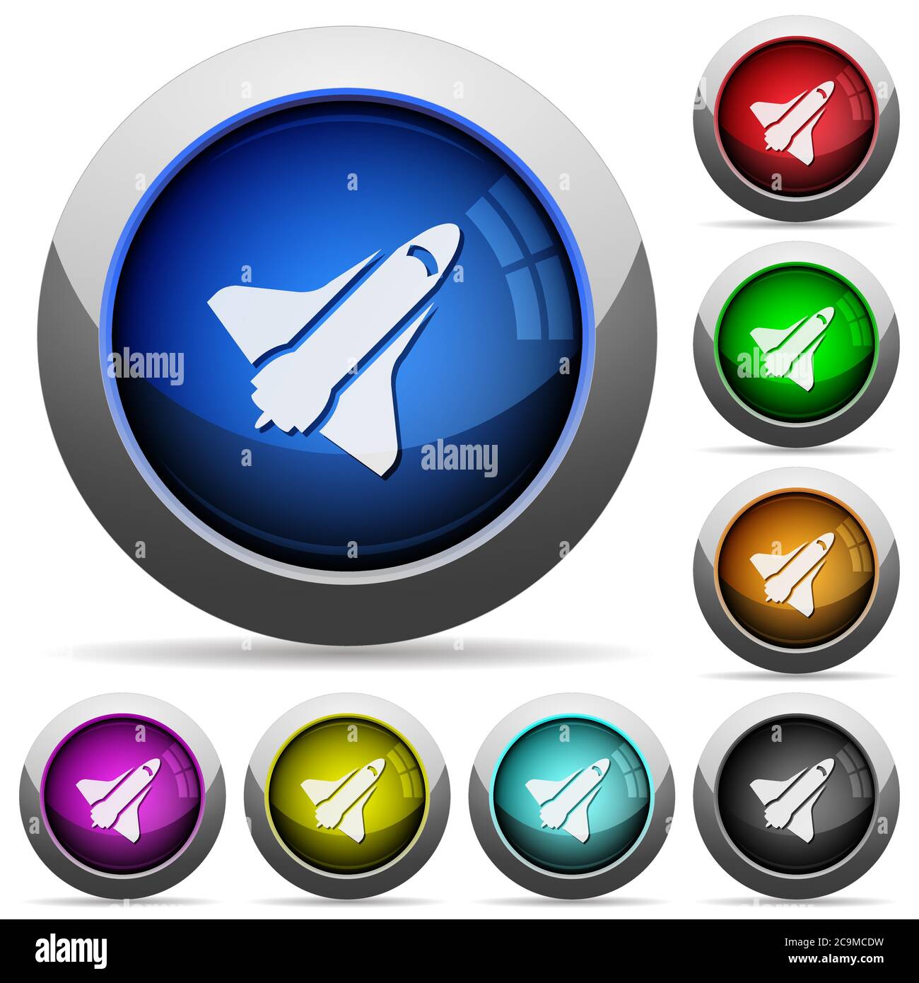 Space Shuttle Symbole in runden glänzenden Knöpfen mit Stahlrahmen Stock Vektor