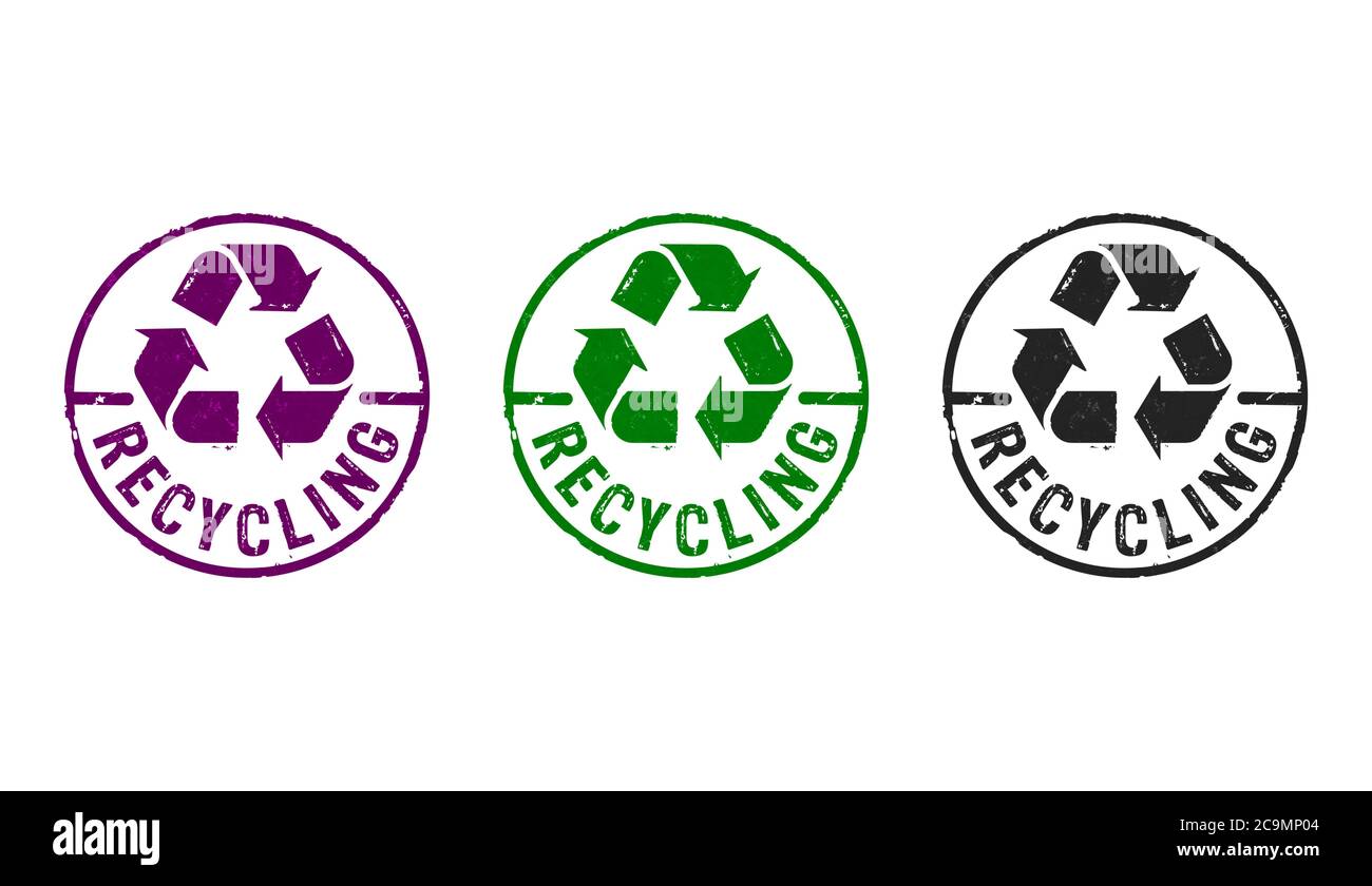 Wiederverwertung von Stempelsymbolen in wenigen Farbausführungen. Recycling-Symbol, Pfeile, wiederverwertbare Materialien, Umweltschutz und erdsicheres Konzept 3D-Renderin Stockfoto