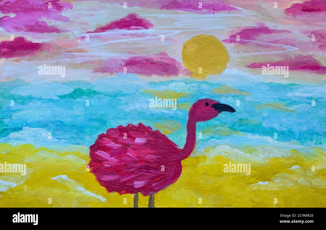 Rosa Flamingo bei Sonnenuntergang am Ufer. Malen Sie Gouache auf weißem Papier. Stockfoto