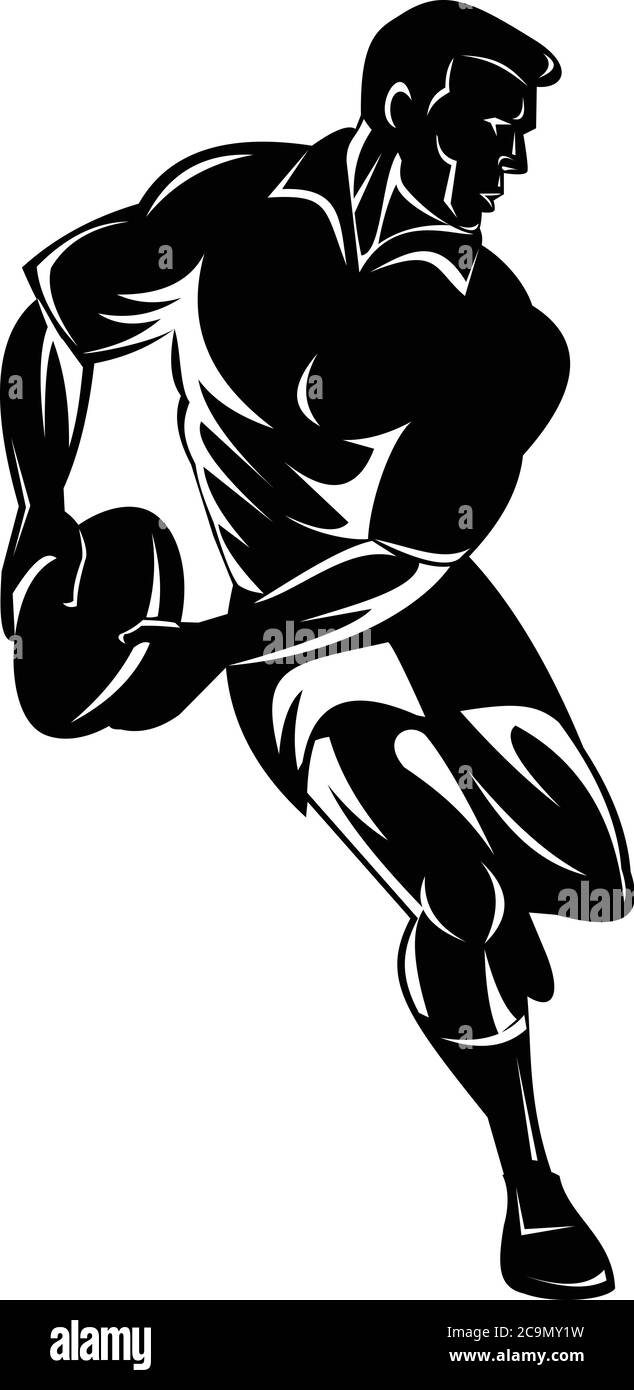 Retro Holzschnitt-Stil Illustration eines Rugby-Spieler, der den Ball von vorne auf isoliertem Hintergrund in schwarz und weiß betrachtet passiert. Stock Vektor