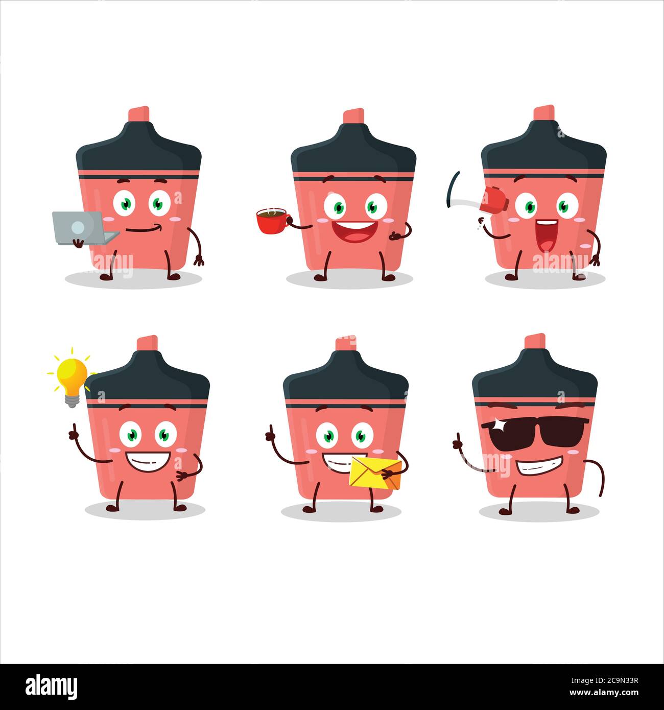 Pink Textmarker Cartoon-Figur mit verschiedenen Arten von Business-Emoticons Stock Vektor