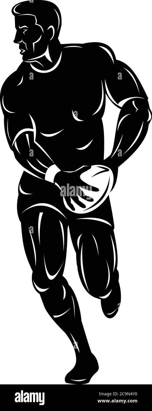 Retro Holzschnitt-Stil Illustration eines Rugby-Spieler läuft und übergeben den Ball von vorne auf isoliertem Hintergrund in schwarz und weiß betrachtet. Stock Vektor