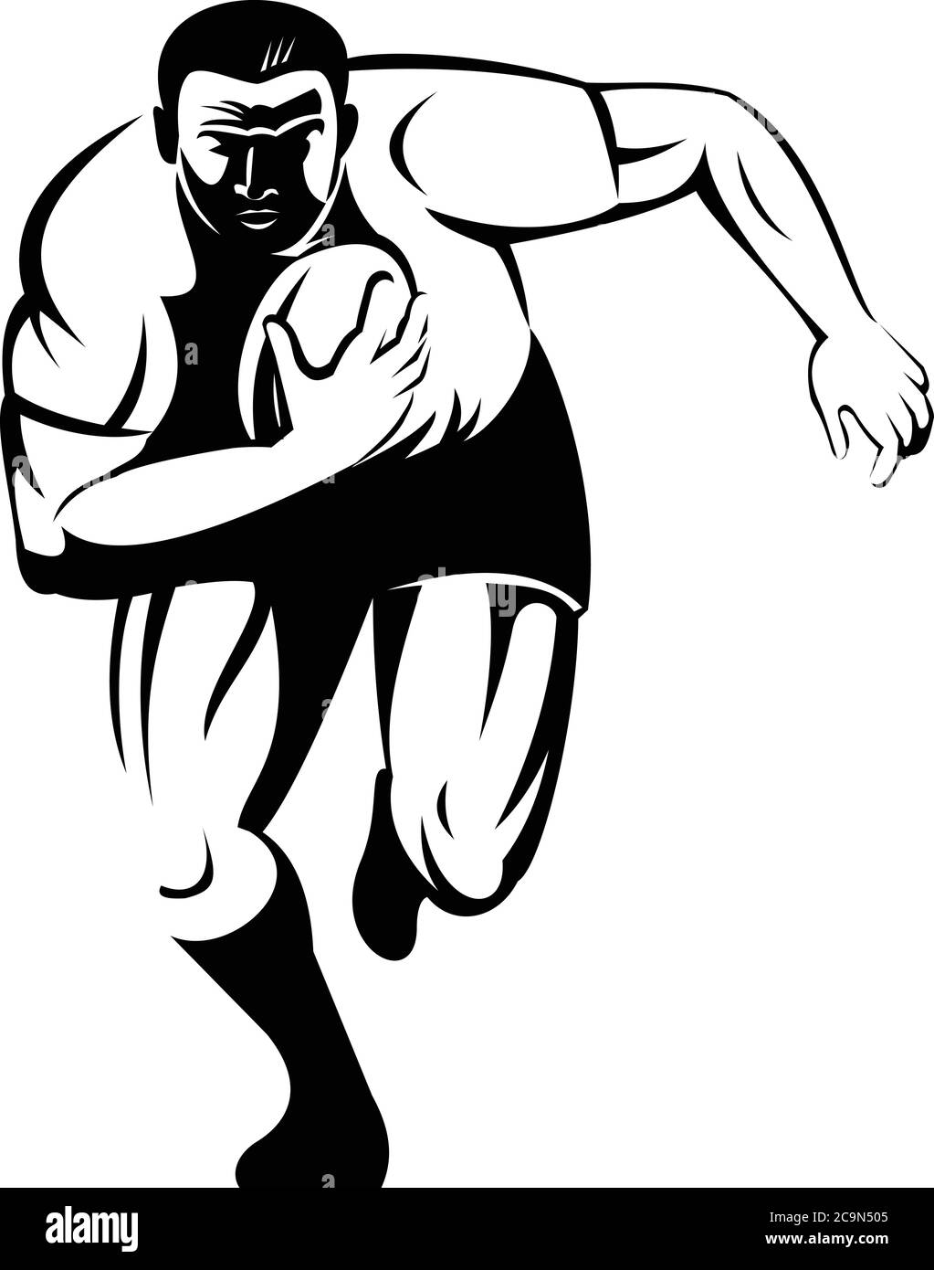 Retro Holzschnitt-Stil Illustration eines Rugby-Spieler läuft mit dem Ball von vorne auf isoliertem Hintergrund in schwarz und weiß betrachtet. Stock Vektor