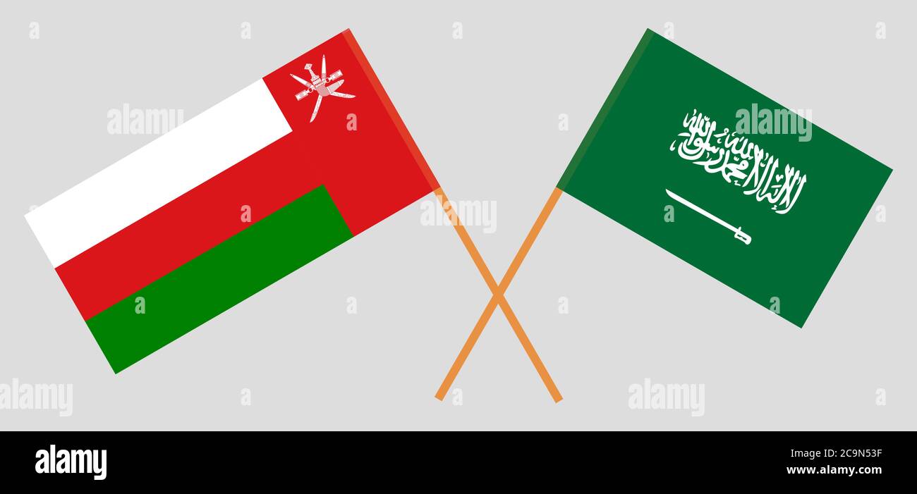 Gekreuzte Flaggen von Oman und dem Königreich Saudi-Arabien. Offizielle Farben. Korrektes Verhältnis. Vektorgrafik Stock Vektor