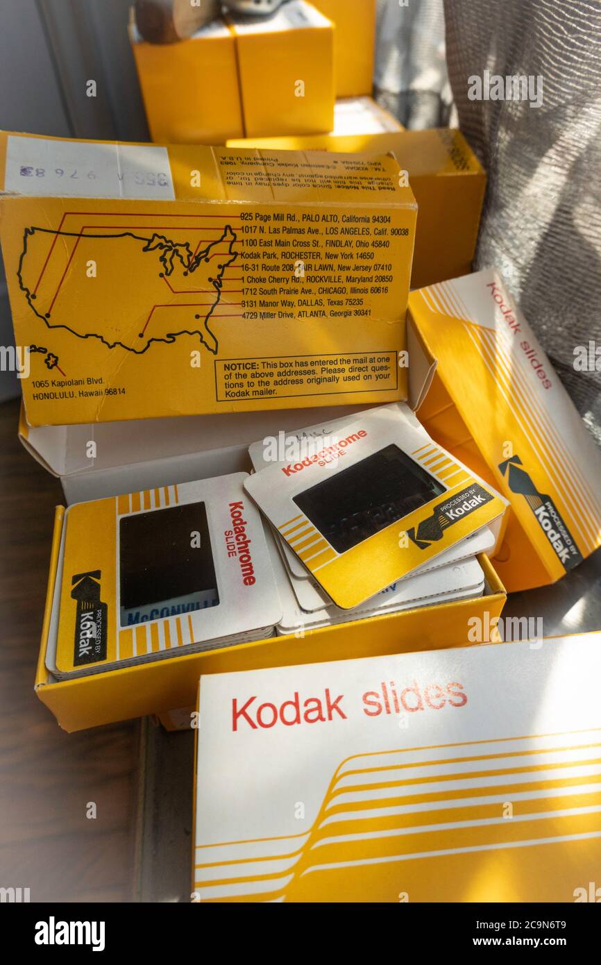 Vintage Analog Kodak Dias in Boxen, USA Stockfoto