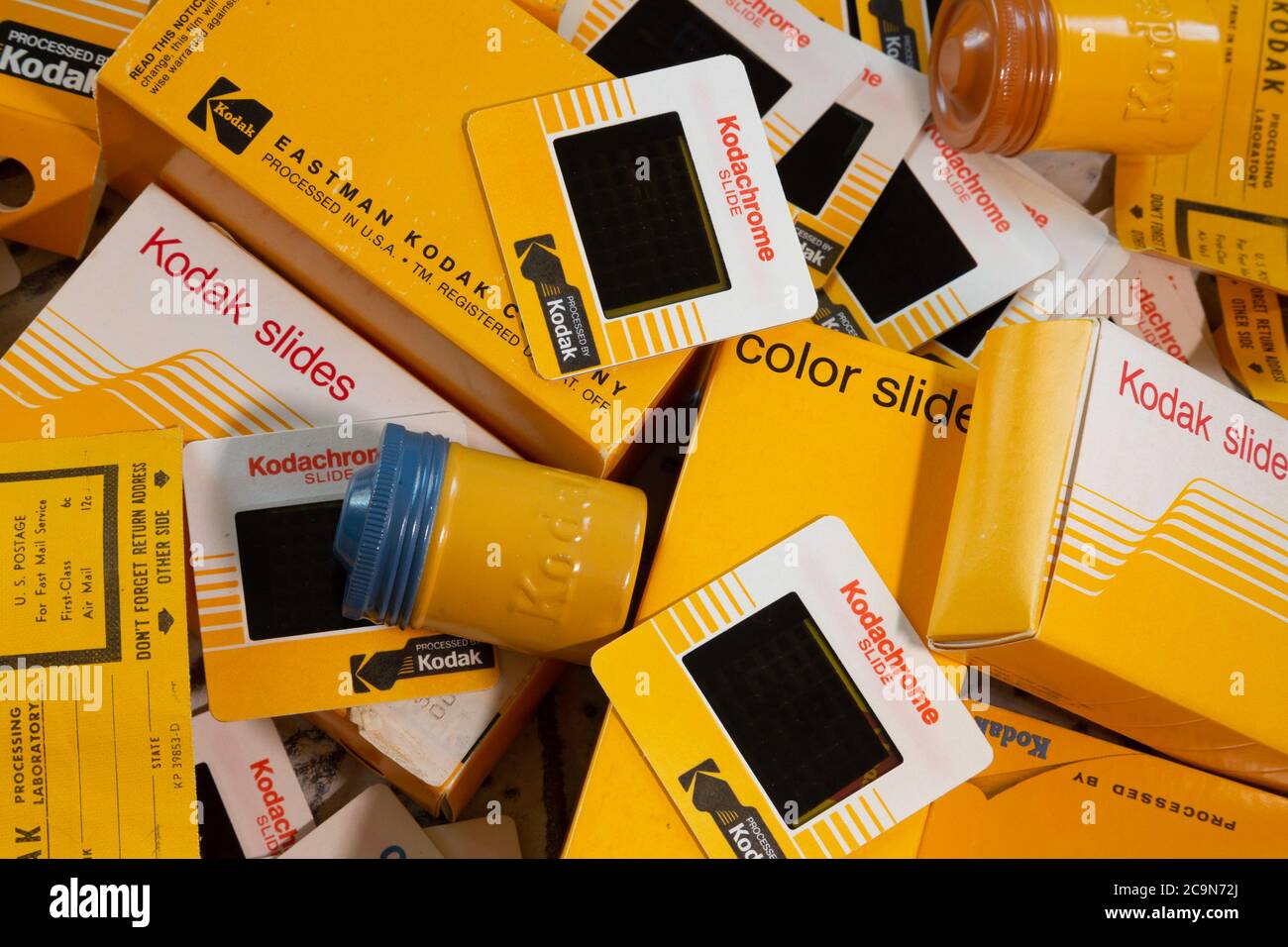 Vintage Analog Kodak Objektträger, Kartons und Behälter, USA Stockfoto