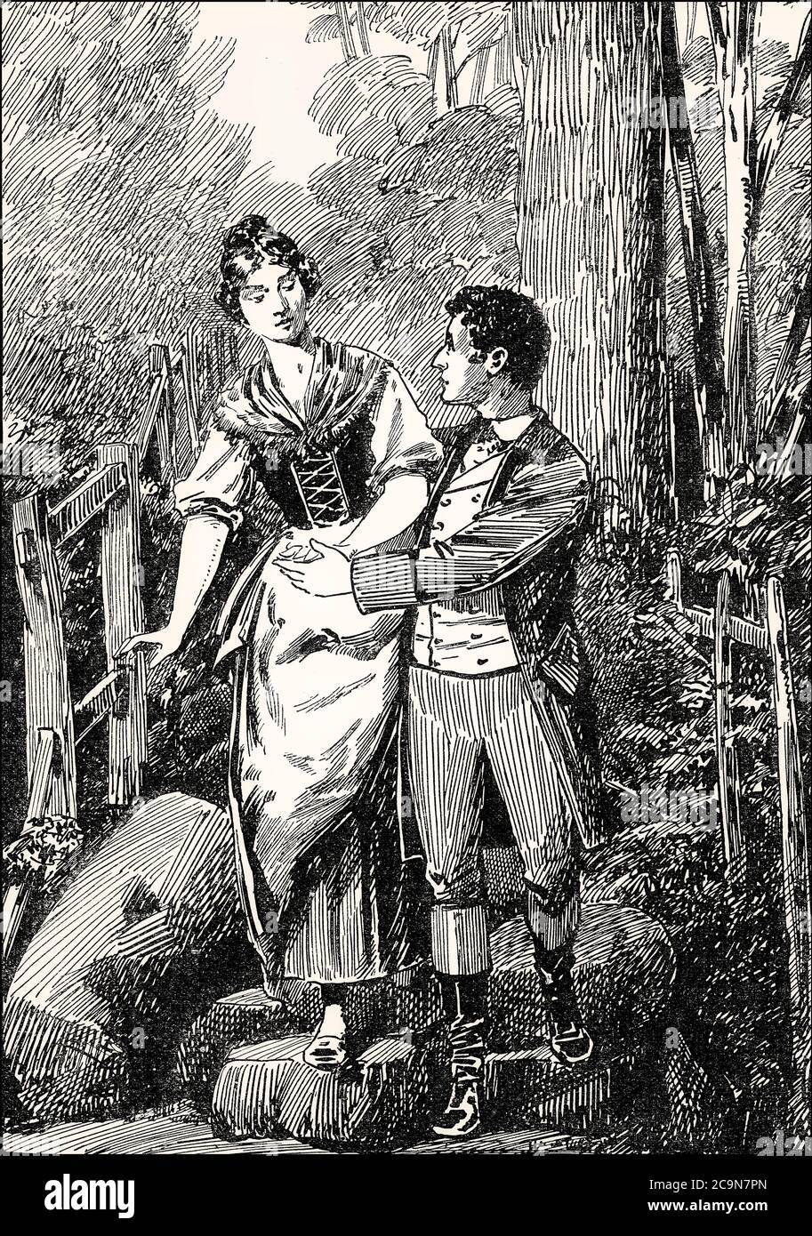 Hermann trifft Dorothea unter einem Birnenbaum, Hermann und Dorothea, ein episches Gedicht von Johann Wolfgang von Goethe Stockfoto