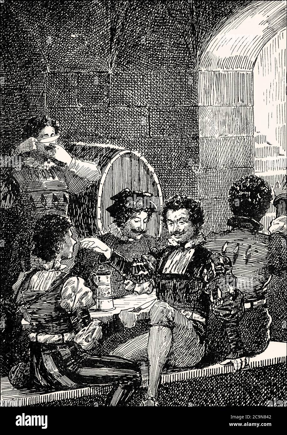 Betrunkene Studenten im Auerbacher Keller in Leipzig, erster Teil des tragischen Stücks Faust von Johann Wolfgang von Goethe Stockfoto