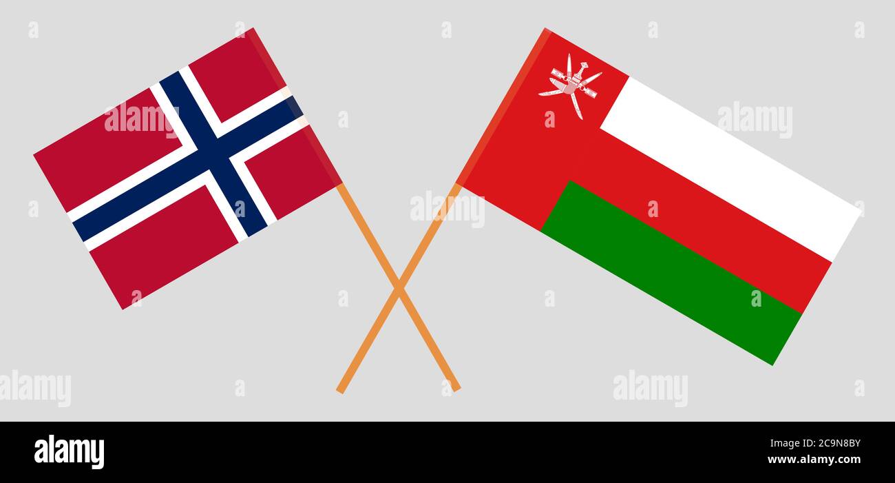 Gekreuzte Flaggen von Oman und Norwegen. Offizielle Farben. Korrektes Verhältnis. Vektorgrafik Stock Vektor