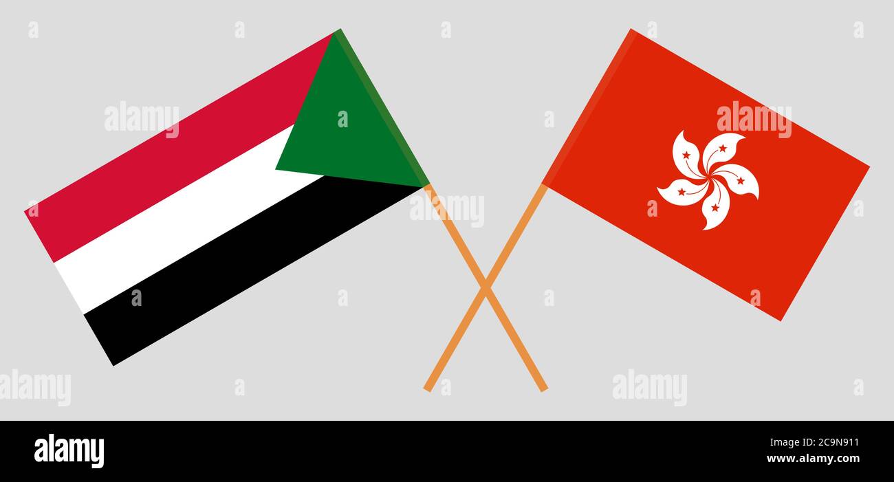 Gekreuzte Flaggen des Sudan und Hong Kong. Offizielle Farben. Korrektes Verhältnis. Vektorgrafik Stock Vektor