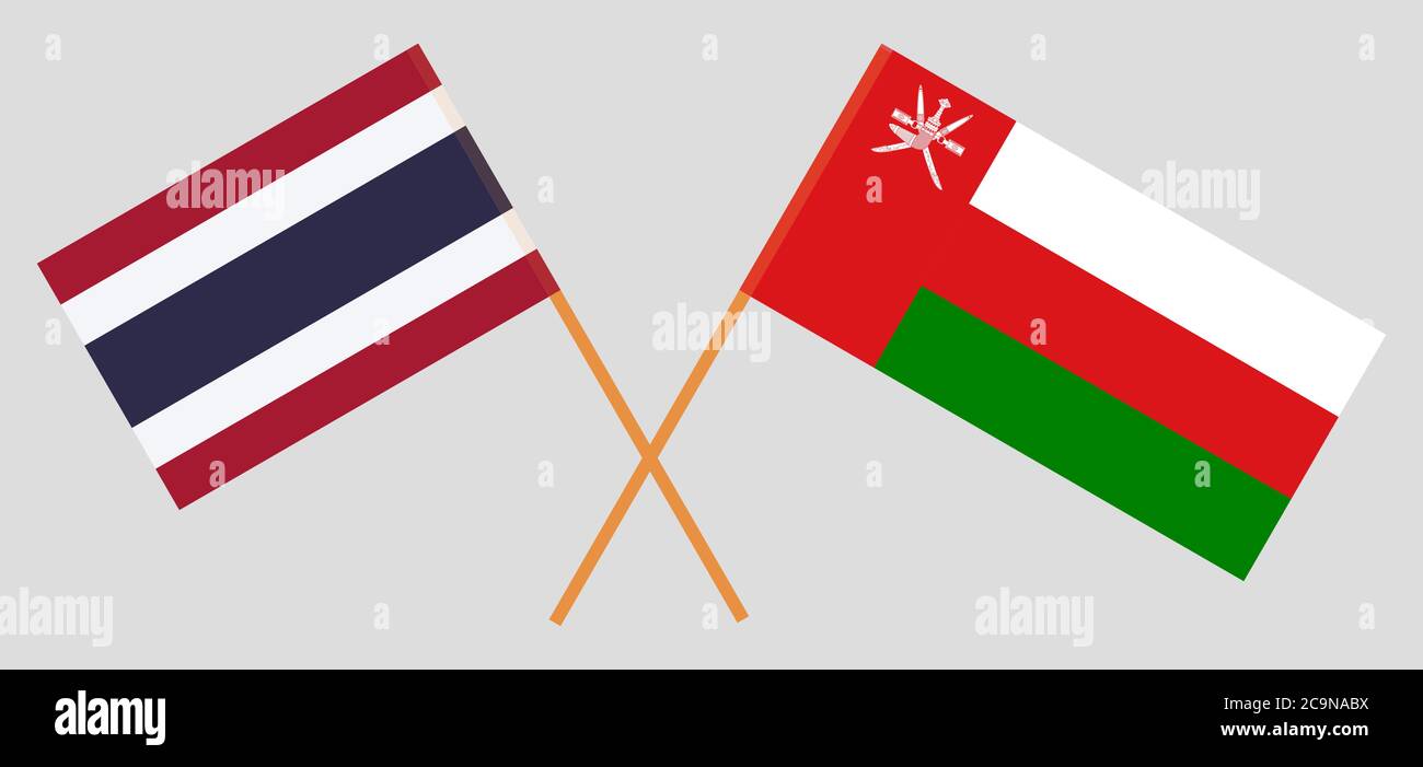 Gekreuzte Flaggen von Oman und Thailand. Offizielle Farben. Korrektes Verhältnis. Vektorgrafik Stock Vektor