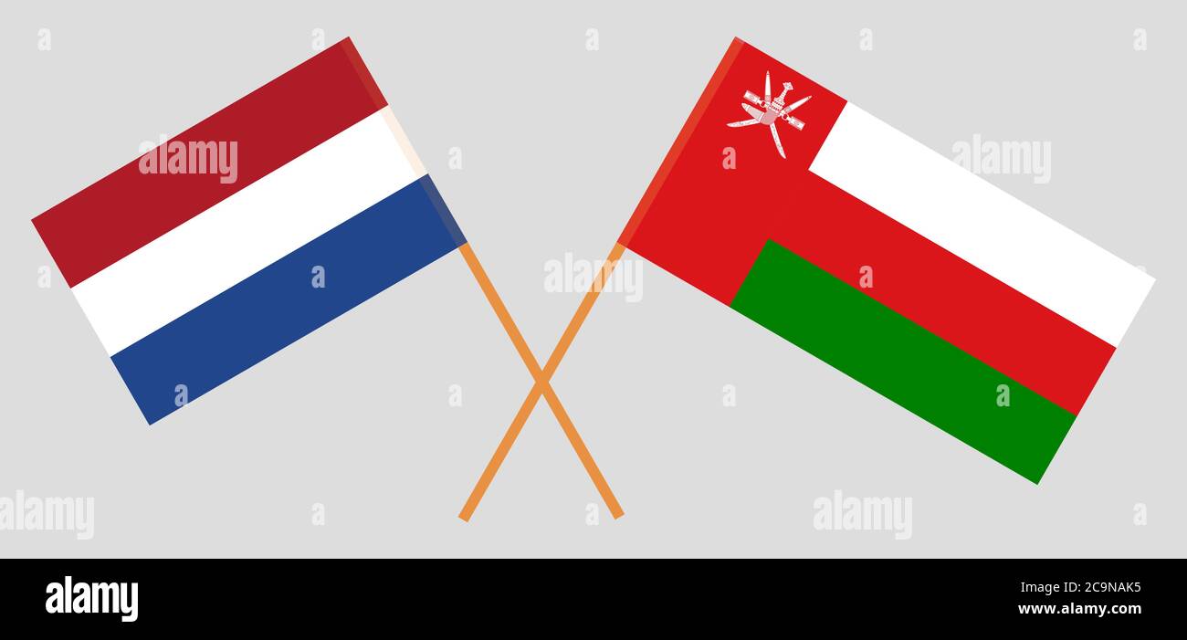Gekreuzte Flaggen von Oman und Niederlande. Offizielle Farben. Korrektes Verhältnis. Vektorgrafik Stock Vektor