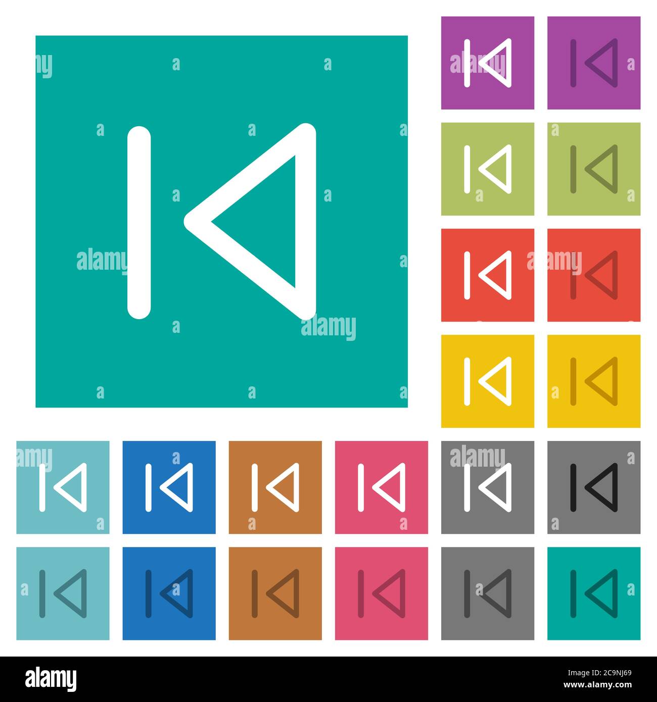 Media prev mehrfarbige flache Symbole auf einfachen quadratischen Hintergründen. Weiße und dunklere Symbolvarianten für schwebe- oder aktive Effekte. Stock Vektor