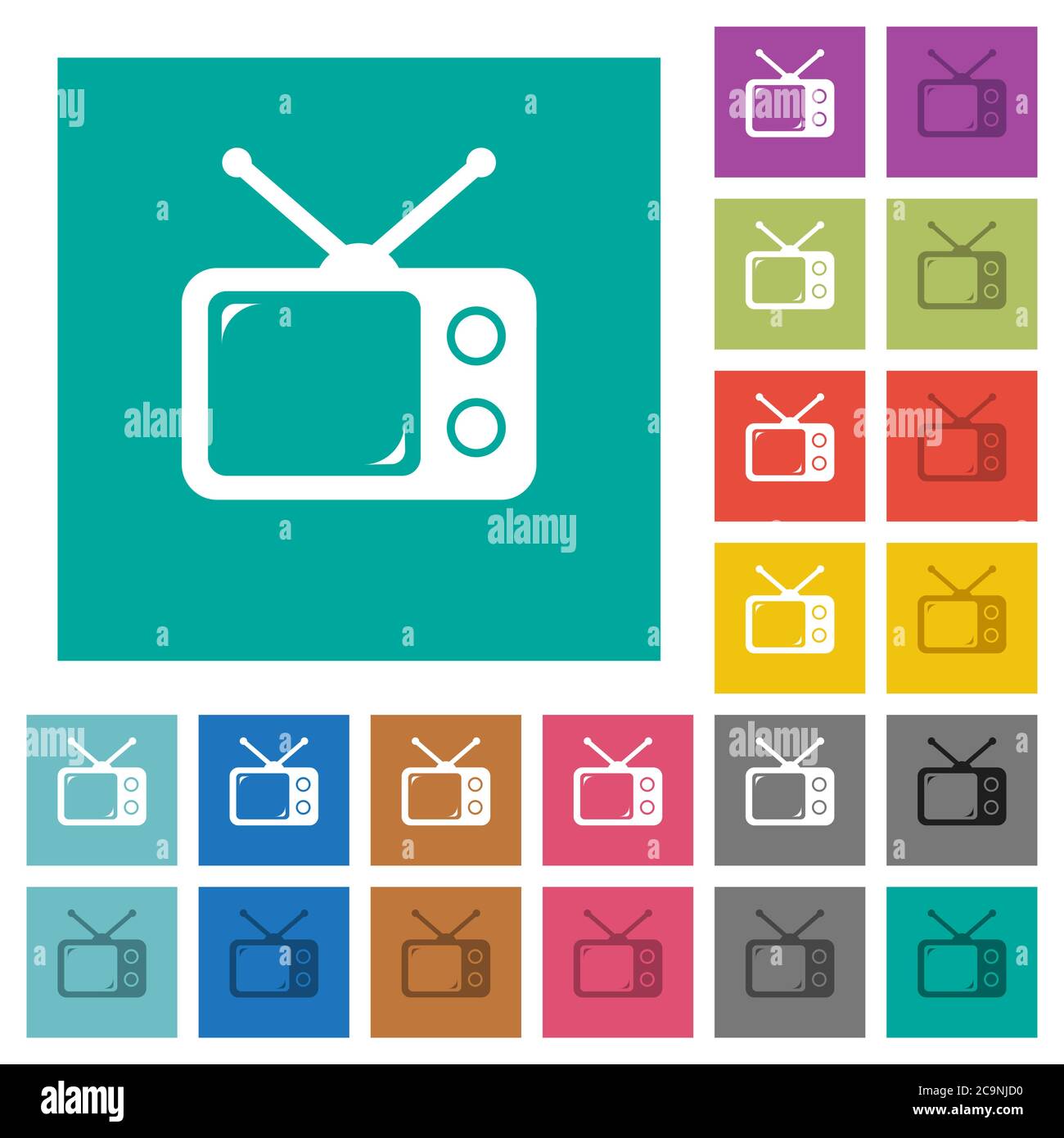 Vintage Retro-Fernseher mehrfarbige flache Symbole auf schlichten quadratischen Hintergründen. Weiße und dunklere Symbolvarianten für schwebe- oder aktive Effekte. Stock Vektor