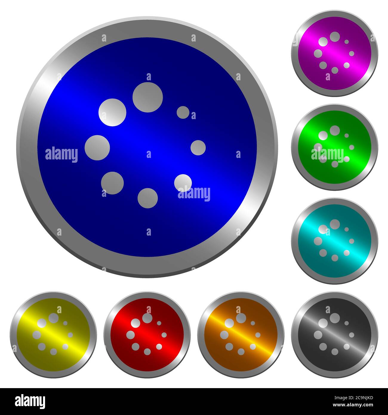 Symbole für Preloader-Symbole auf runden, fluoreszierenden farbigen Stahlknöpfen Stock Vektor