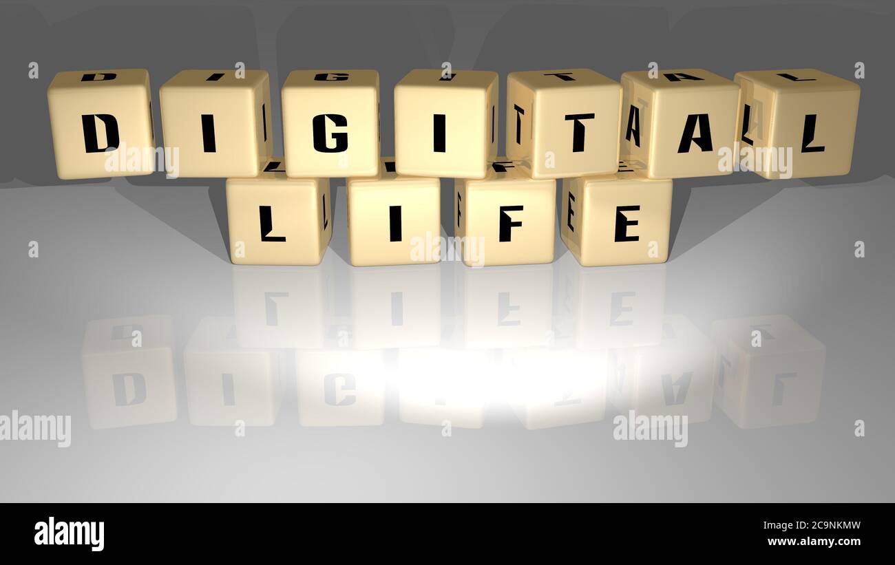 3D-Darstellung des digitalen Lebens mit Ikone an der Wand und Text, angeordnet durch metallische kubische Buchstaben auf einem Spiegelboden für Konzeptbedeutung und Diashow-Präsentation. Illustration und Hintergrund Stockfoto