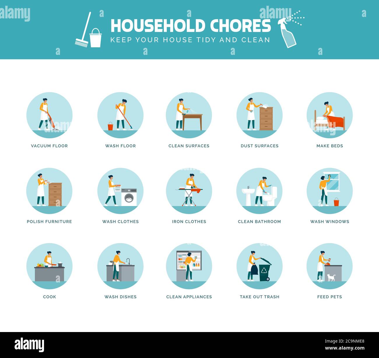 Frau, die Hausarbeit zu Hause: Sie ist die Reinigung des Hauses, Wäsche waschen und aufräumen, Lifestyle-Konzept, Ikonen gesetzt Stock Vektor