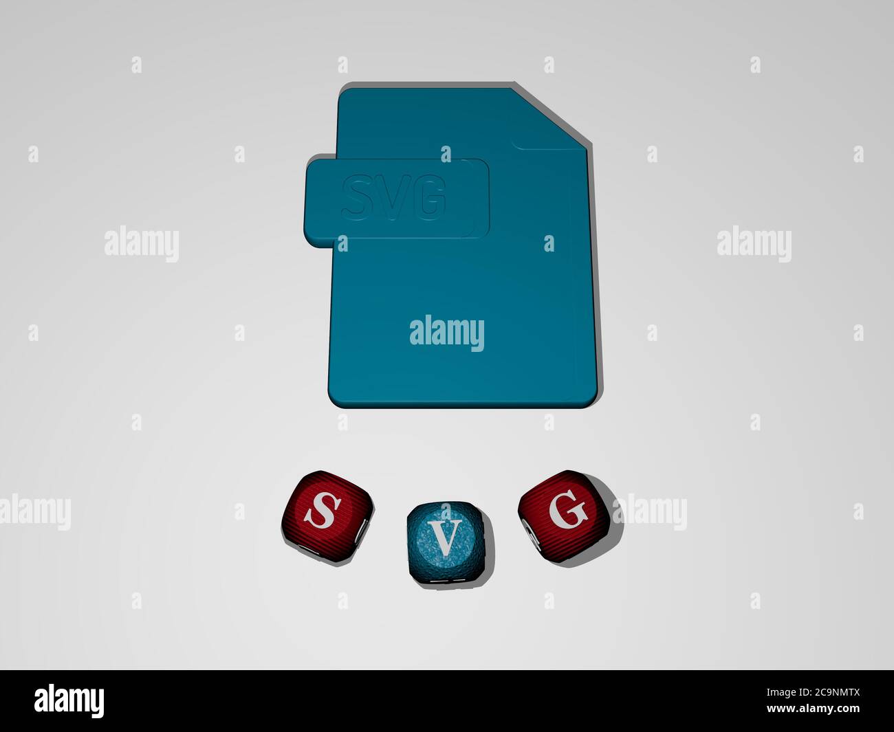 3D-Darstellung von SVG mit Symbol an der Wand und Text angeordnet durch metallische kubische Buchstaben auf einem Spiegelboden für Konzept Bedeutung und Diashow-Präsentation. Illustration und Datei Stockfoto