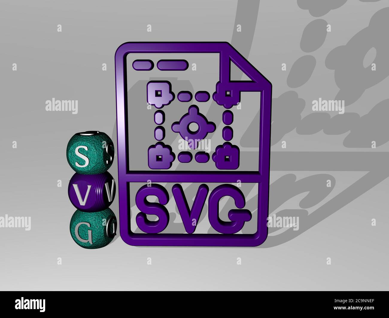 3D-Darstellung von svg mit Symbol an der Wand und Text angeordnet durch metallische kubische Buchstaben auf einem Spiegelboden für Konzept Bedeutung und Diashow-Präsentation. Illustration und Datei Stockfoto