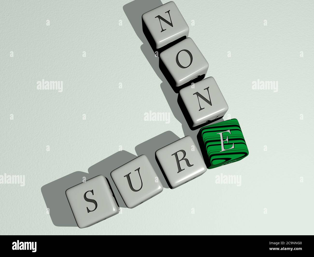 Kreuzworträtsel sicher keiner angeordnet durch kubische Buchstaben auf einem Spiegelboden, Konzept Bedeutung und Präsentation. Hintergrund und Illustration. 3D-Illustration Stockfoto